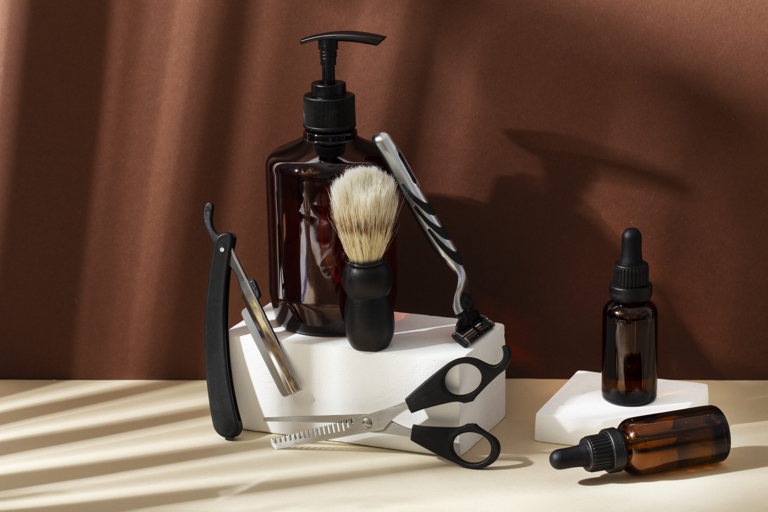 A selection of natural beard care and grooming products arranged together